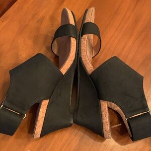 Adrienne Vittadini Black Suede and Cork Wedge Sandals wi/ Velcro Closure- Size 6